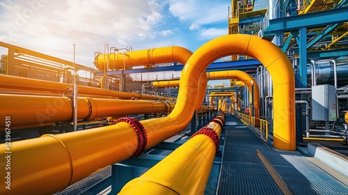 An industrial pipeline system with vivid colors and intricate designs, situated in a high-tech environment under a sunny sky, showcasing advanced engineering.