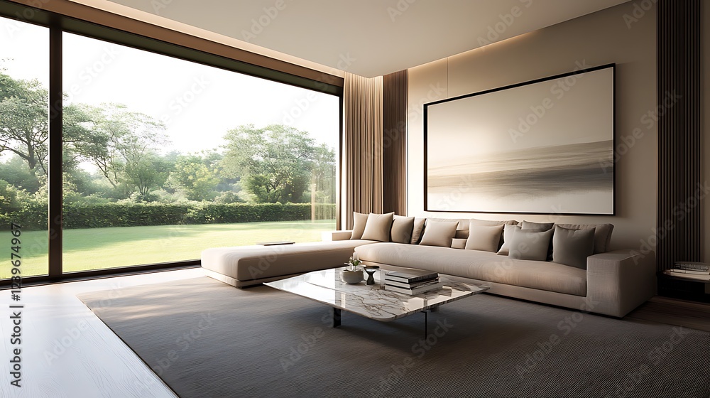 Fototapeta premium Modern living room with large windows, neutral tones, and a minimalist design overlooking a garden.