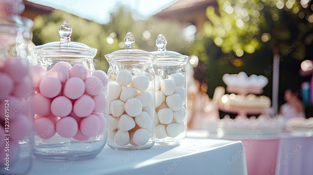 A pastel-themed party table with an aesthetic arrangement of white hues inside glass jars A pastel-themed party table with an aesthetic arrangement of white hues inside glass jars