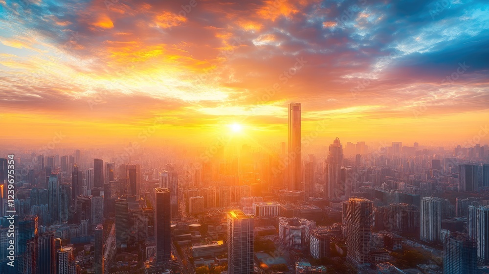 Fototapeta premium As the sun sets, vibrant hues cast a golden glow over a dynamic cityscape, offering a stunning wide-angle view of the urban scene.