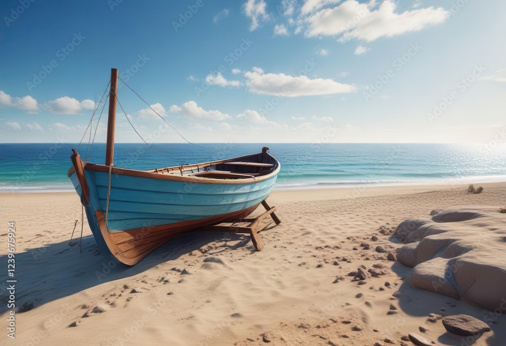 Blue striped background with a wooden boat docked on the shore, horizon, nature, landscape Blue striped background with a wooden boat docked on the shore, horizon, nature, landscape