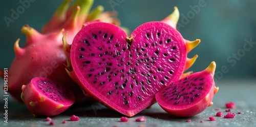 Heart-shaped arrangement of vibrant pink dragon fruit clipart , digital art, healthy food photo