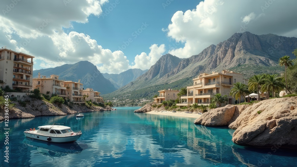 Naklejka premium A boat navigates the crystal-clear waters of a luxurious coastal resort nestled between mountains. Concept of Paradise.