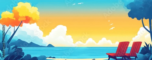 Tranquil Beach Scene with Vibrant Sunset, Red Lounge Chairs, and Colorful Trees Overlooking Calm Ocean Waters and Birds in a Serene Atmosphere