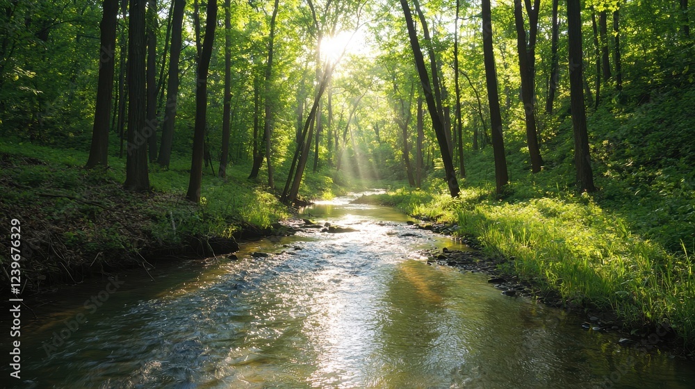 Obraz premium Sunlight Glimmers Through Trees Over a Serene Forest Stream