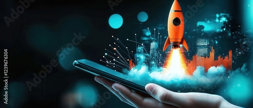 Launch Your Ideas: A powerful symbol of innovation and entrepreneurial spirit as a rocket blasts off from a smartphone screen, representing the limitless potential of mobile technology.  