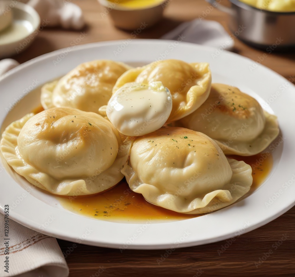 Boiled pierogi on a plate with melted butter and sour cream , golden, butter, delicious Boiled pierogi on a plate with melted butter and sour cream , golden, butter, delicious