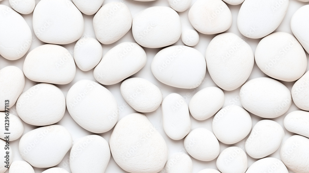 Smooth white pebbles arranged neatly on a soft white background, creating a serene and calming atmosphere ideal for spa and relaxation themes. Smooth white pebbles arranged neatly on a soft white background, creating a serene and calming atmosphere ideal for spa and relaxation themes.