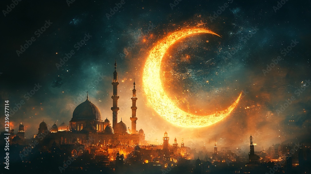 Ramadan card with mosque  at night