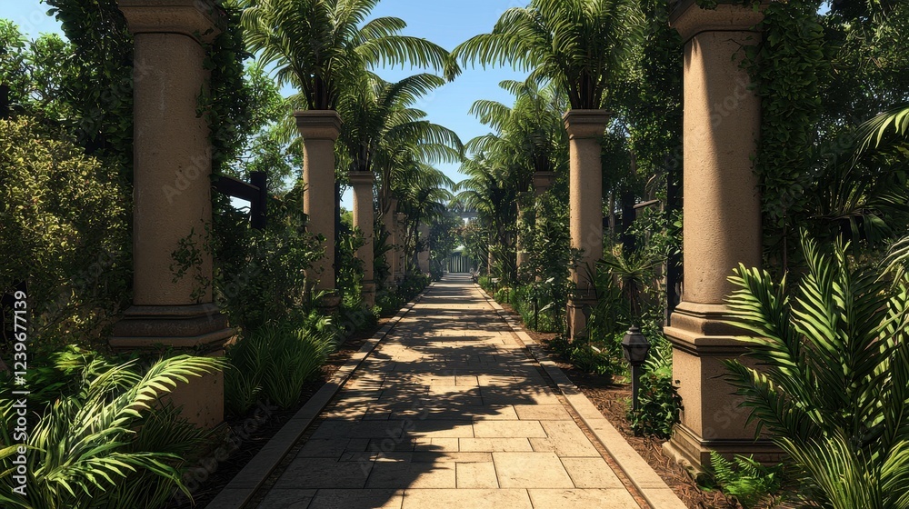 Obraz premium Serene Garden Pathway Surrounded by Lush Green Foliage and Palm Trees