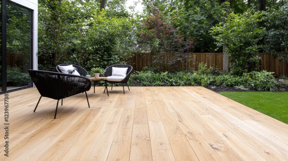 Modern deck, backyard patio furniture, green garden Modern deck, backyard patio furniture, green garden