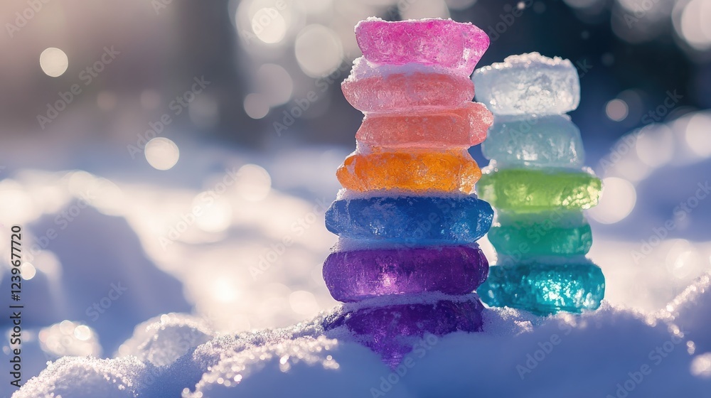 Colorful ice stacks in various hues resting on fresh snow, with a blurred bokeh background enhancing the dreamlike quality of the winter scene. Colorful ice stacks in various hues resting on fresh snow, with a blurred bokeh background enhancing the dreamlike quality of the winter scene.