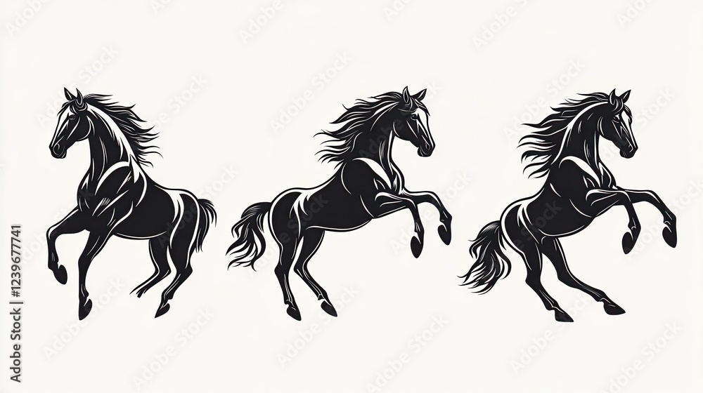 Three Black Horses in Dynamic Poses Three Black Horses in Dynamic Poses