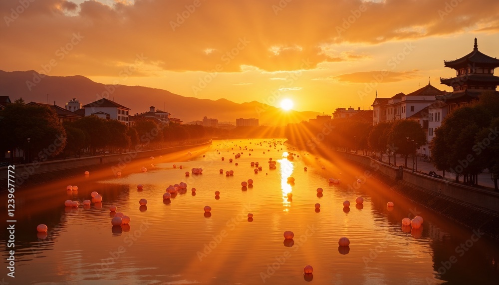 Obraz premium Sunset over river with floating lanterns, Qingming Festival