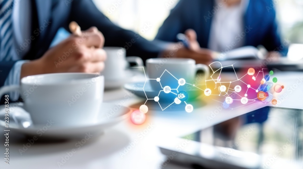 Fototapeta premium Business professionals discussing data insights over coffee showcasing a vibrant tech interface and collaborative brainstorming in a bright modern office environment