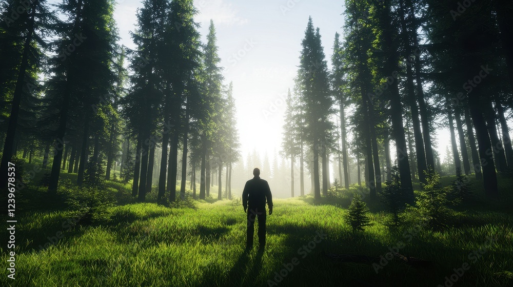 Solitary Figure Standing in Lush Forest Surrounded by Tall Trees Solitary Figure Standing in Lush Forest Surrounded by Tall Trees