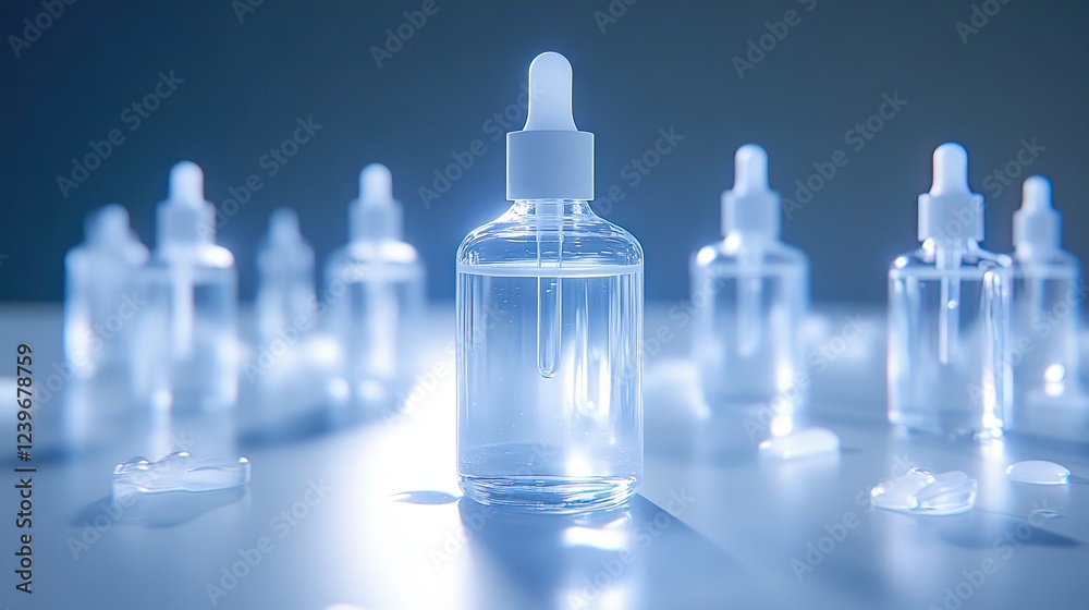 Soft-focus shot of clear skincare serums in glass bottles, illuminated by diffused lighting Soft-focus shot of clear skincare serums in glass bottles, illuminated by diffused lighting