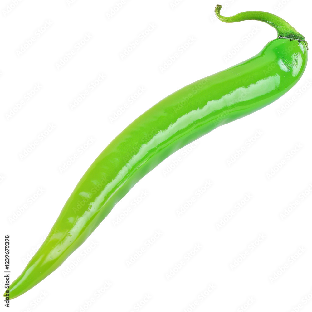 Fresh green chili pepper with glossy surface and curved shape, perfect for adding spice to dishes Fresh green chili pepper with glossy surface and curved shape, perfect for adding spice to dishes