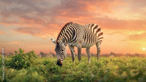 Majestic Zebra Grazing in a Scenic Sunset Landscape