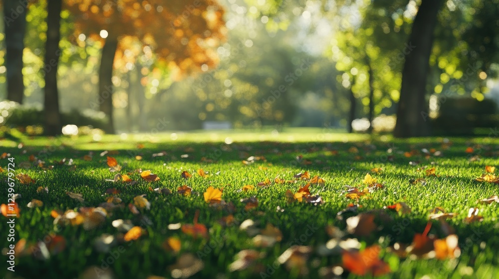 Autumn leaves on grass in park, sunlit trees background, nature scene Autumn leaves on grass in park, sunlit trees background, nature scene