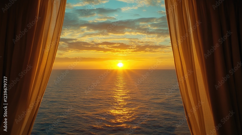 From the window of a luxury cruise ship, the serene beauty of a summer sunset bathes the sea in golden light, creating a stunning seascape of calm waters. From the window of a luxury cruise ship, the serene beauty of a summer sunset bathes the sea in golden light, creating a stunning seascape of calm waters.