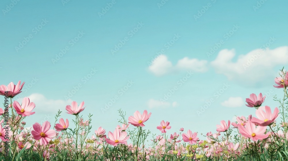 Beautiful Pink Cosmos Flowers Blooming Under Clear Blue Sky Beautiful Pink Cosmos Flowers Blooming Under Clear Blue Sky
