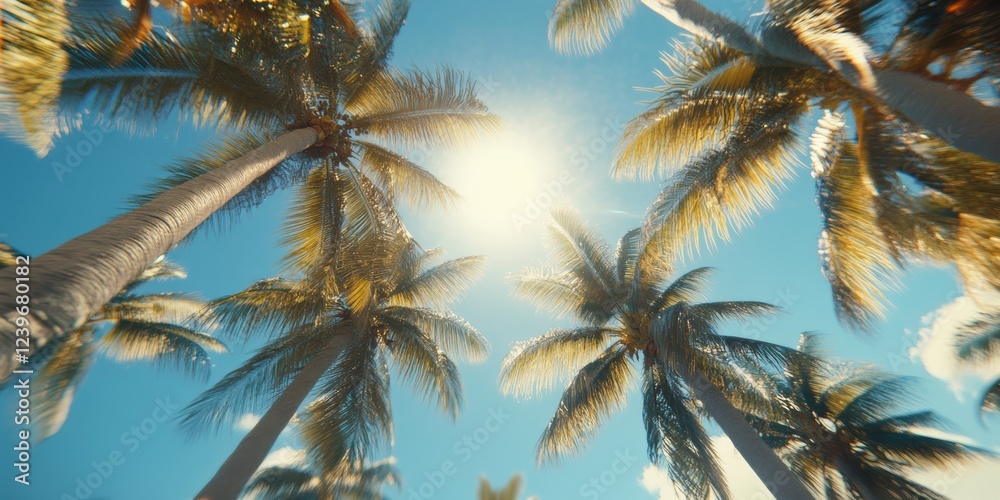 Fototapeta premium A serene view with tall palm trees reaching towards a bright sun in a clear blue sky, capturing the essence of summer tranquility and tropical escapes many dream of during holidays