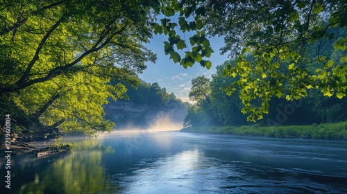 Heart-shaped tree leaves frame a quiet river, flowing gently toward a misty cliff, with a serene blue sky overhead, creating a peaceful scene.