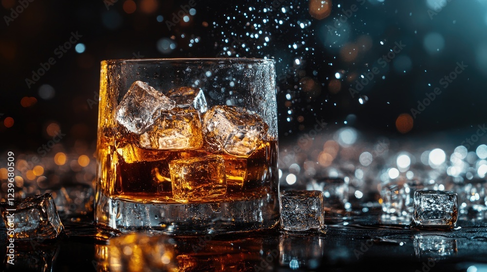 Ice cubes melting on a dark, glossy surface, with whiskey and water droplets shining under dramatic lighting, offering a stylish and luxurious vibe. Ice cubes melting on a dark, glossy surface, with whiskey and water droplets shining under dramatic lighting, offering a stylish and luxurious vibe.