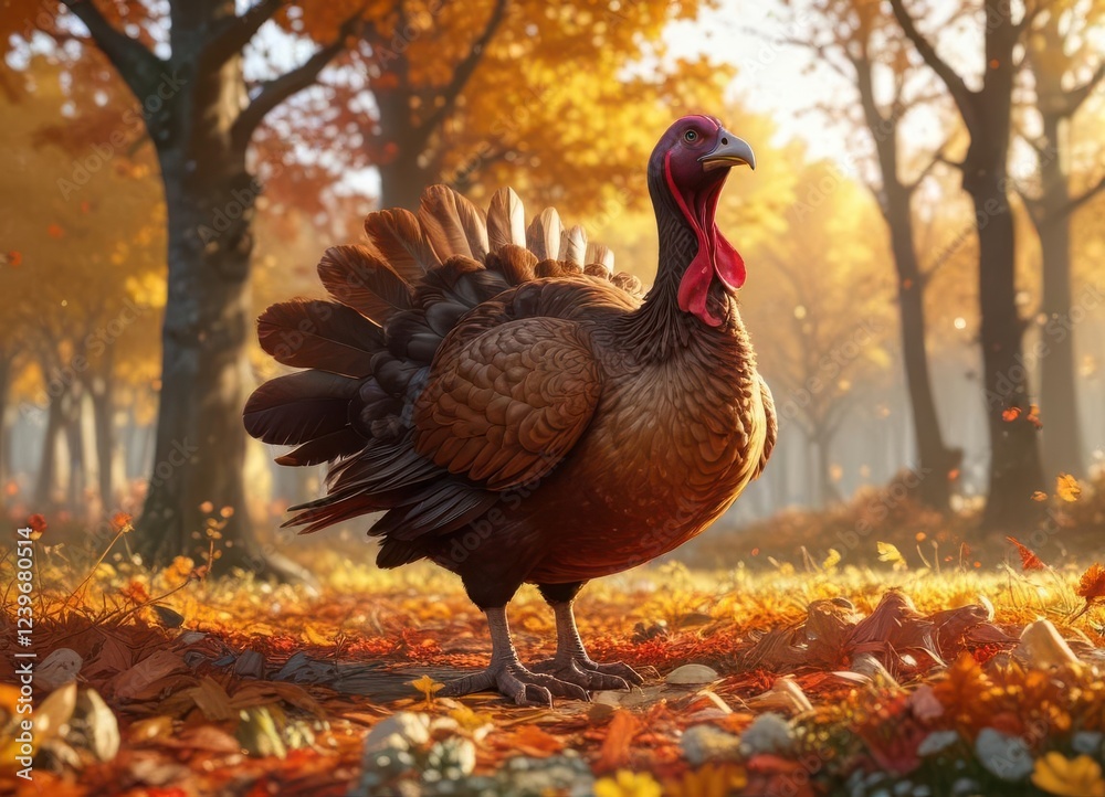 Cartoon turkey surrounded by autumn leaves and fall flowers, with warm golden lighting, lighting, , nature Cartoon turkey surrounded by autumn leaves and fall flowers, with warm golden lighting, lighting, , nature