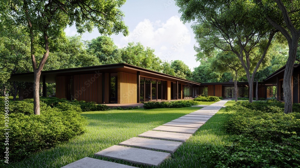 Modern Architectural Design with Green Landscape and Pathway Modern Architectural Design with Green Landscape and Pathway