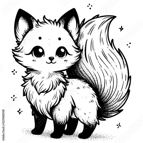 A cute little fox with a big, fluffy tail standing on its hind legs and looking up with a curious expression. black and white with fine details and small dots around it. 