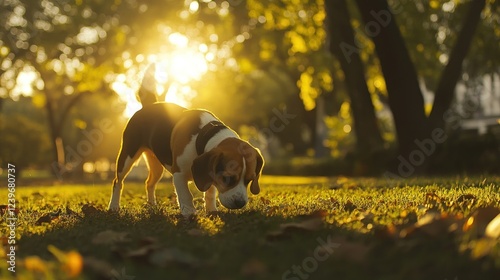 Beagle puppy sniffing ground, sunset park