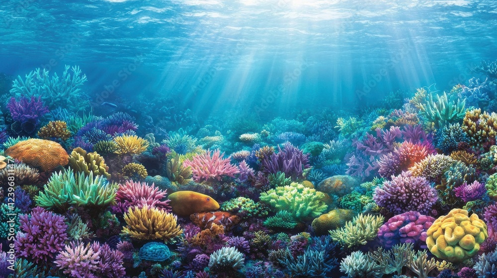 Fototapeta premium Vibrant Underwater Coral Reef with Sunlight Filtering Through Water