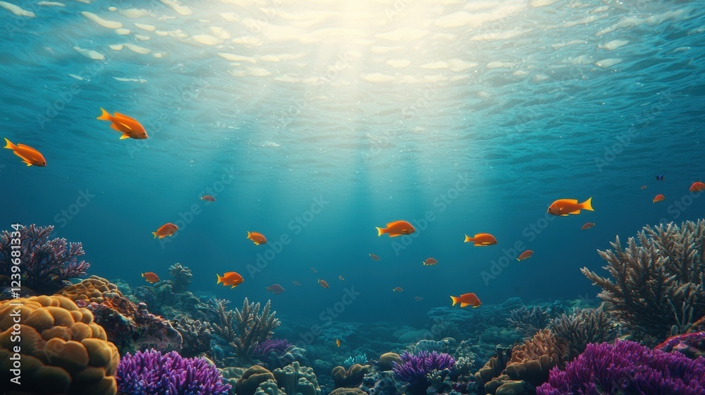 Obraz premium Underwater Scene with Colorful Fish and Vibrant Coral Reefs