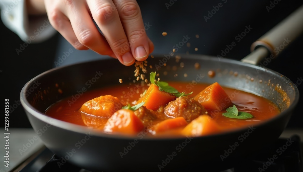 Close-up of simmering stew, chef's hand subtly adjusting seasoning , food, gourmet food, hand Close-up of simmering stew, chef's hand subtly adjusting seasoning , food, gourmet food, hand