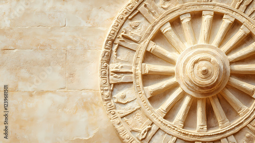 A close-up of a greek chariot wheel, showing the fine craftsmanship and detailed engravings, isolated on a pastel beige background,. Ancient Ruins. Illustration