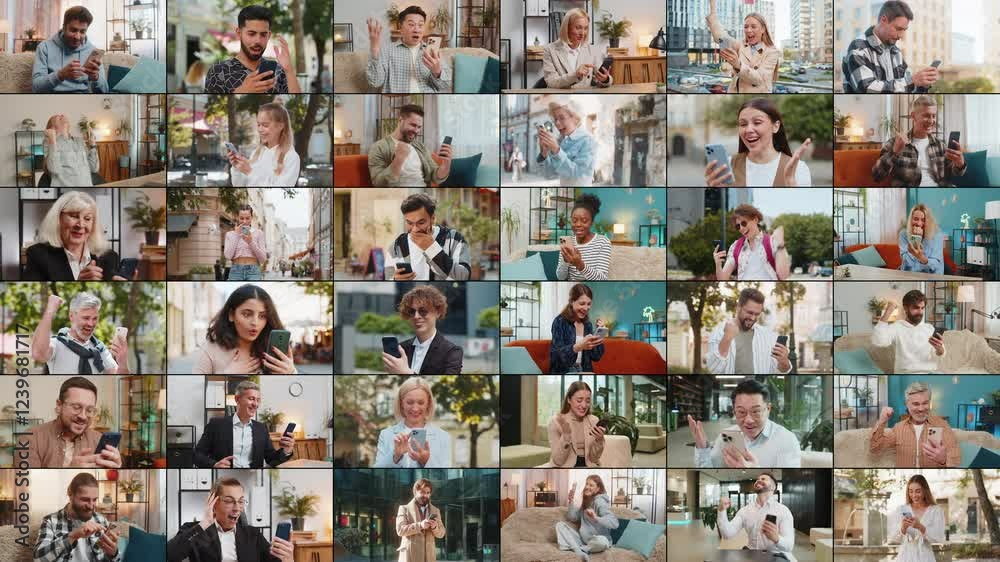 Collage of happy excited group of many people diverse gender, different ages, ethnicity. Men women use mobile smartphone celebrating win victory good message news play lottery jackpot application game