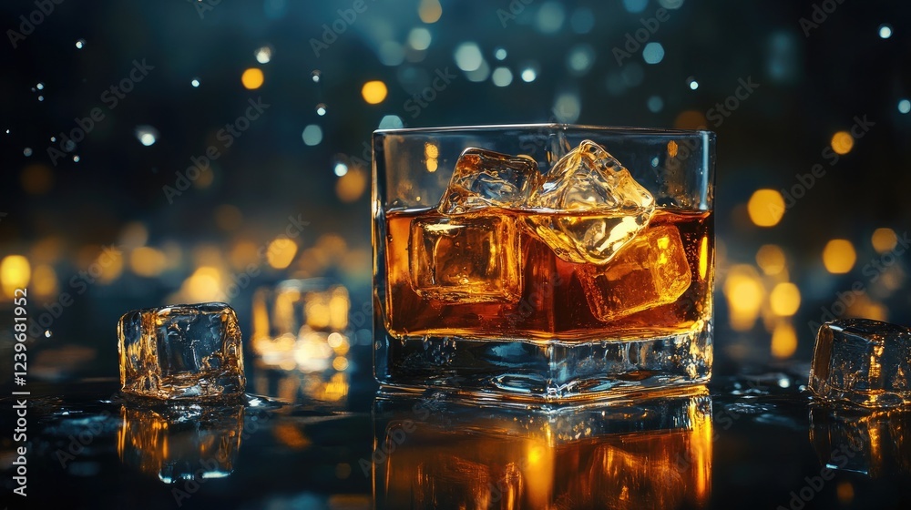 Melting ice cubes on a glossy dark surface, reflecting golden whiskey and water droplets under dramatic lighting, creating a moody and luxurious atmosphere. Melting ice cubes on a glossy dark surface, reflecting golden whiskey and water droplets under dramatic lighting, creating a moody and luxurious atmosphere.