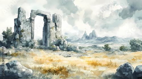 Ancient ruins on a windswept plateau in watercolor style. windswept. illustration. Ancient Ruins. Illustration photo