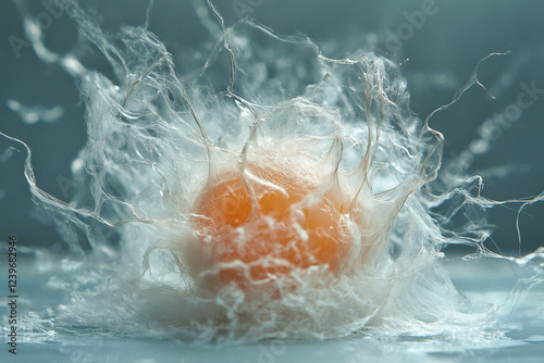 A close-up shot of an egg splashing in water, creating a burst of liquid droplets and fibers around it. The orange yolk is visible amidst the clear water, capturing the moment of impact.