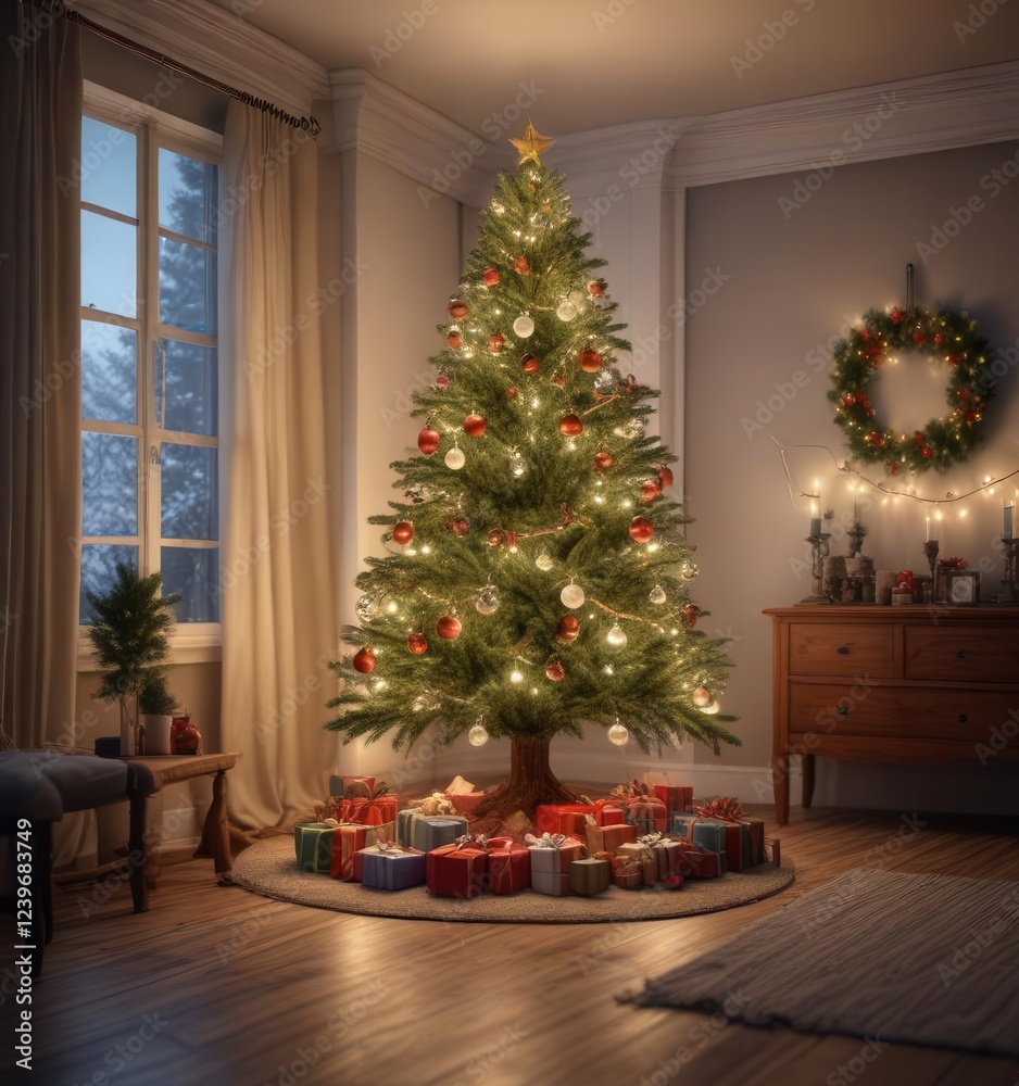 Christmas Tree with Ornaments and Lights in a Cozy Room,  ornaments,  wintery,  rustic