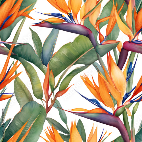 A seamless watercolor pattern of bird of paradise flowers in full bloom, perfect for textiles and decor. 