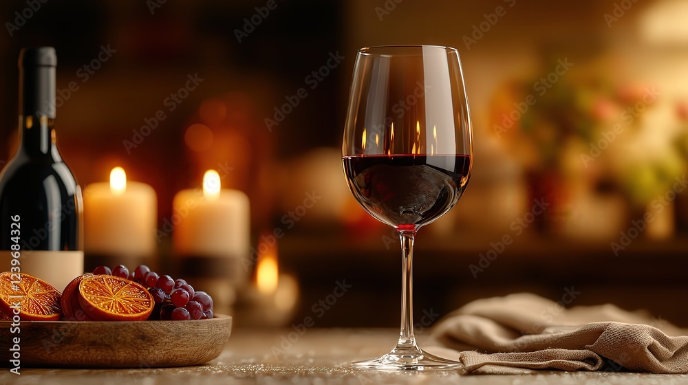 Fototapeta premium Elegant Glass of Red Wine Next to a Vibrant Bowl of Freshly Picked Fruit in a Cozy Dining Setting Evoking Warmth and Culinary Delight for Gatherings