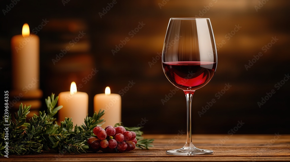 Elegant Glass of Red Wine Illuminated by Soft Candlelight Surrounded by Fresh Grapes Creating a Cozy Romantic Atmosphere Perfect for Relaxation Elegant Glass of Red Wine Illuminated by Soft Candlelight Surrounded by Fresh Grapes Creating a Cozy Romantic Atmosphere Perfect for Relaxation