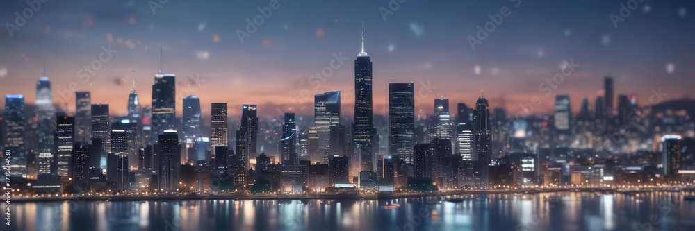 Obraz premium Cityscape at dusk with twinkling lights and abstract circular bokeh on blue background, city lights, night, blue sky