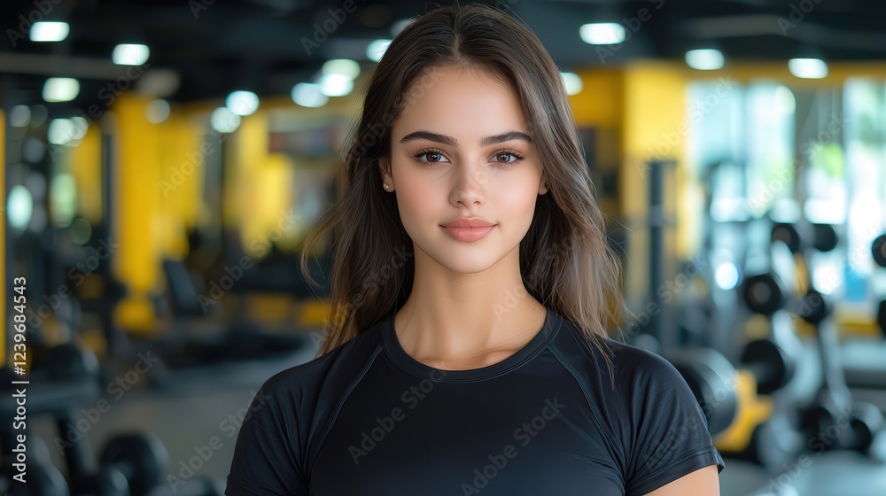 Fototapeta premium Determined Woman in Black Athletic Shirt Focused on Fitness Training in Modern Gym Environment with Equipment and Bright Lighting Creating Motivation