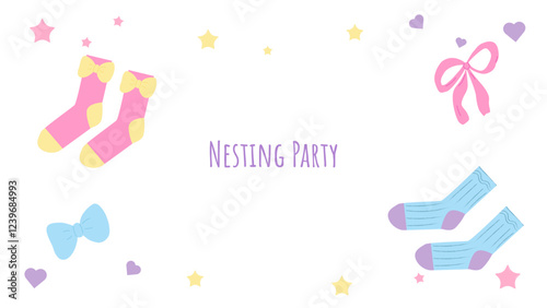 Nesting party banner honor of expectant parents. Socks and bows for boys and girls. Website poster design in pastel colors. Vector illustration.