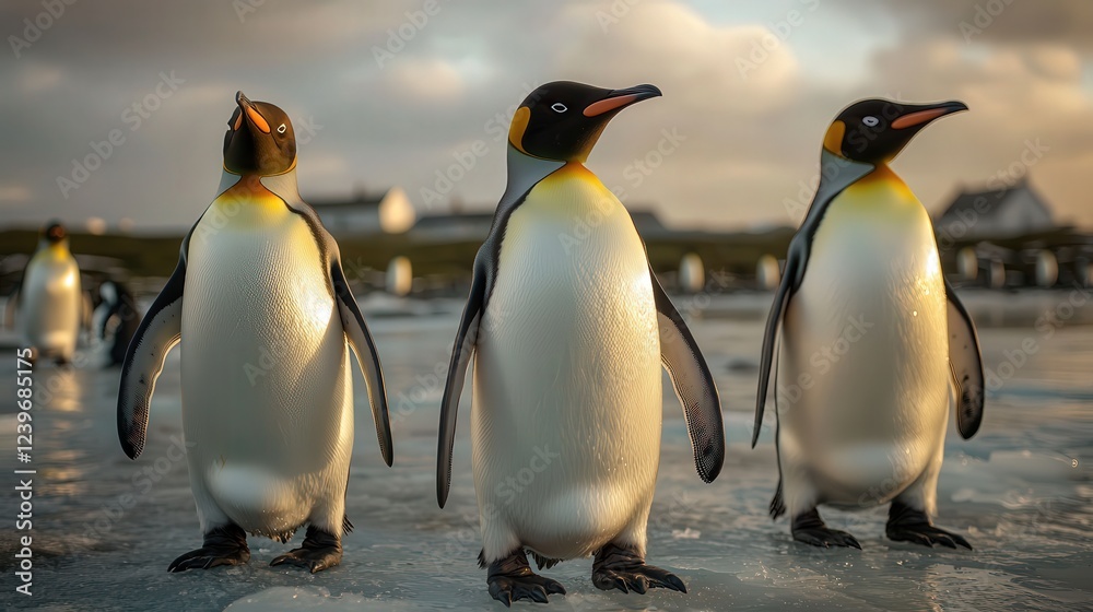 Fototapeta premium Three Charming Penguins Standing Gracefully in Calm Waters Surrounded by Icy Landscape Creating a Playful and Serene Atmosphere of Nature