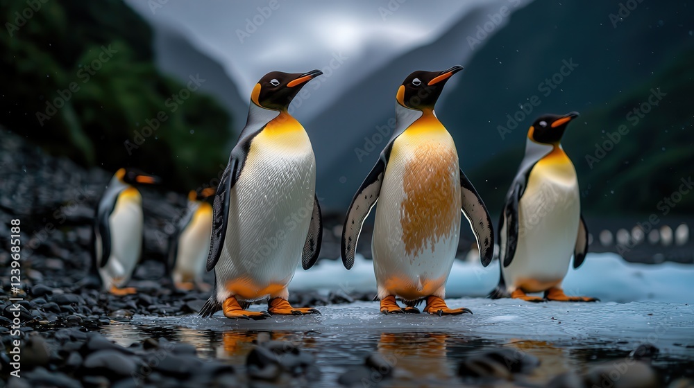 Fototapeta premium Three Penguins Standing Proudly on a Rocky Beach Surrounded by Ocean Waves and Scenic Coastal Landscape under a Bright Clear Sky in Natural Habitat
